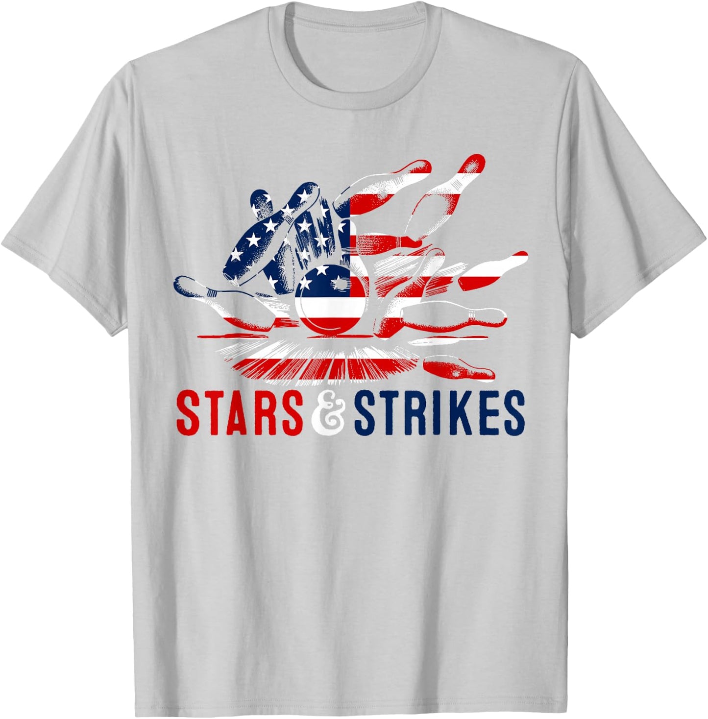 4th of July Bowling Pun | Retro Stars & Strikes Bowling T-Shirt - T-Shirt | Ash