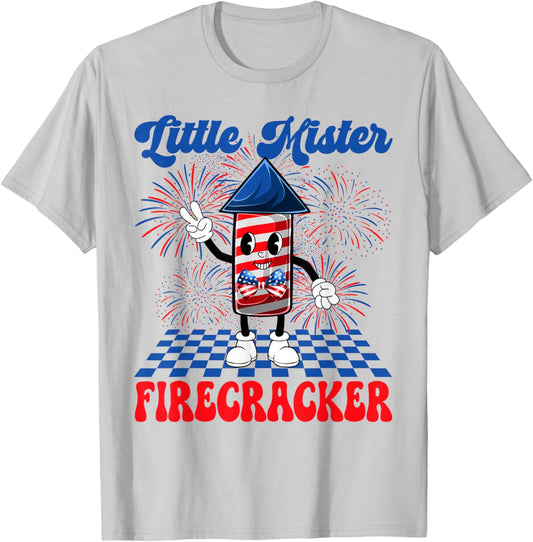Groovy Little Mister Firecracker USA Flag 4th Of July Boys T-Shirt - T-Shirt | Ash