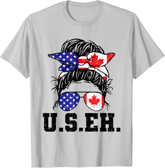 Messy Bun American Canadian Flag Sunglasses US EH Canada Day T-Shirt - T-Shirt | Ash