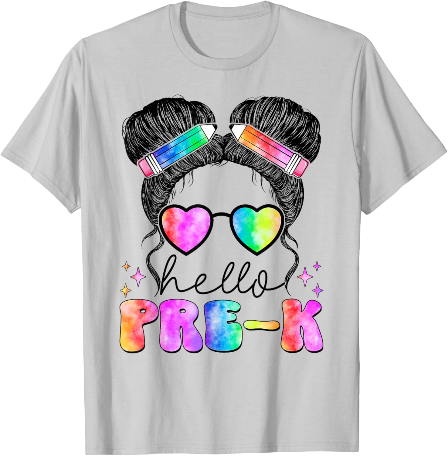 Messy Hair Bun Girl Back To School First Day Hello Pre K T-Shirt - T-Shirt | Ash