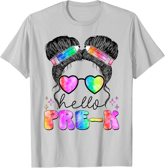 Messy Hair Bun Girl Back To School First Day Hello Pre K T-Shirt - T-Shirt | Ash
