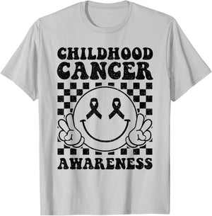 Support Childhood Cancer Awareness Smile Face Gold Ribbon T-Shirt - T-Shirt | Ash