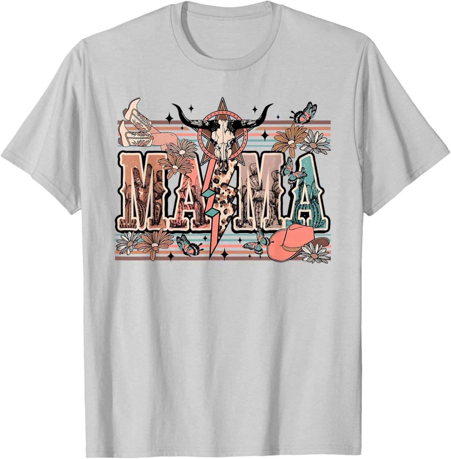 Mama Western Country Cow Skull Cowhide Mom Hippies Mama T-Shirt - T-Shirt | Ash