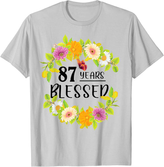 Floral Happy 87th Birthday 87 Years Blessed T-Shirt - T-Shirt | Ash