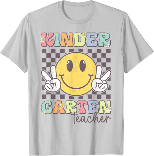 Kindergarten Teacher Team Hippie Smile Face Back To School T-Shirt - T-Shirt | Ash