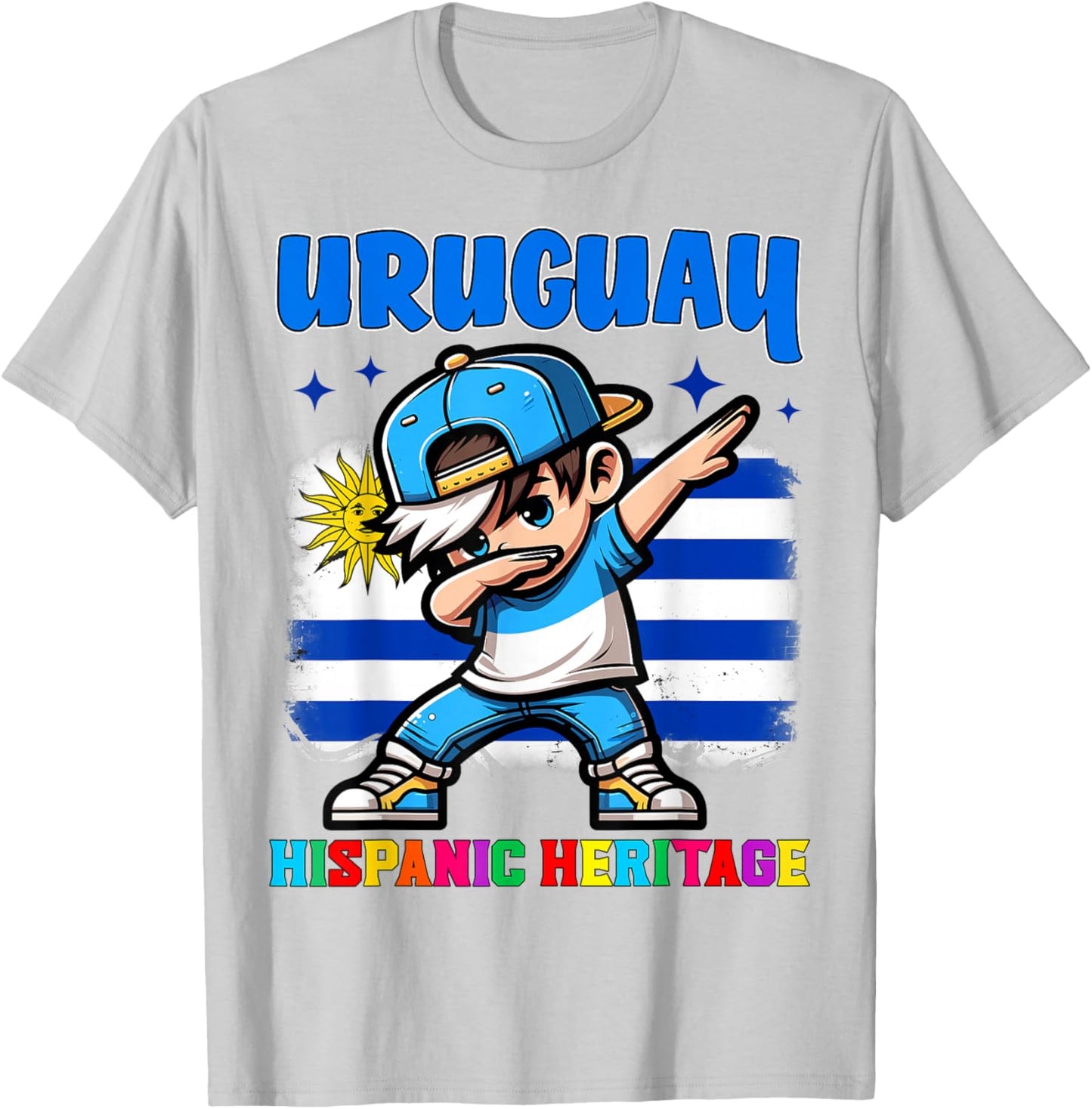 Uruguay Dabbing Kid Hispanic Heritage Celebration for Kids T-Shirt - T-Shirt | Ash