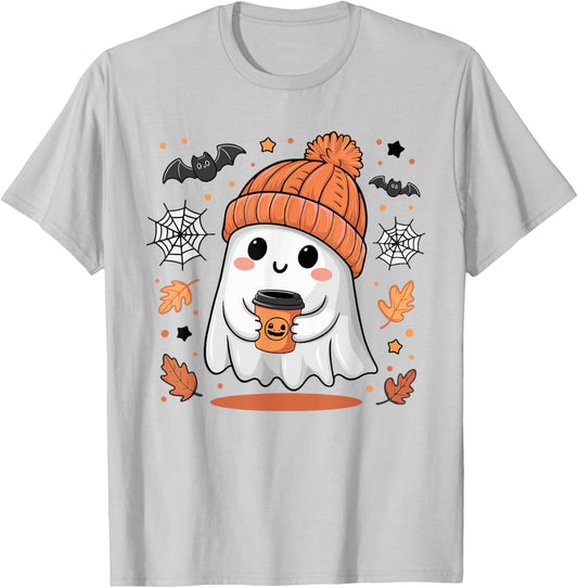 Cute Ghost Drinking Coffee Halloween Ghost Ice Coffee T-Shirt - T-Shirt | Ash