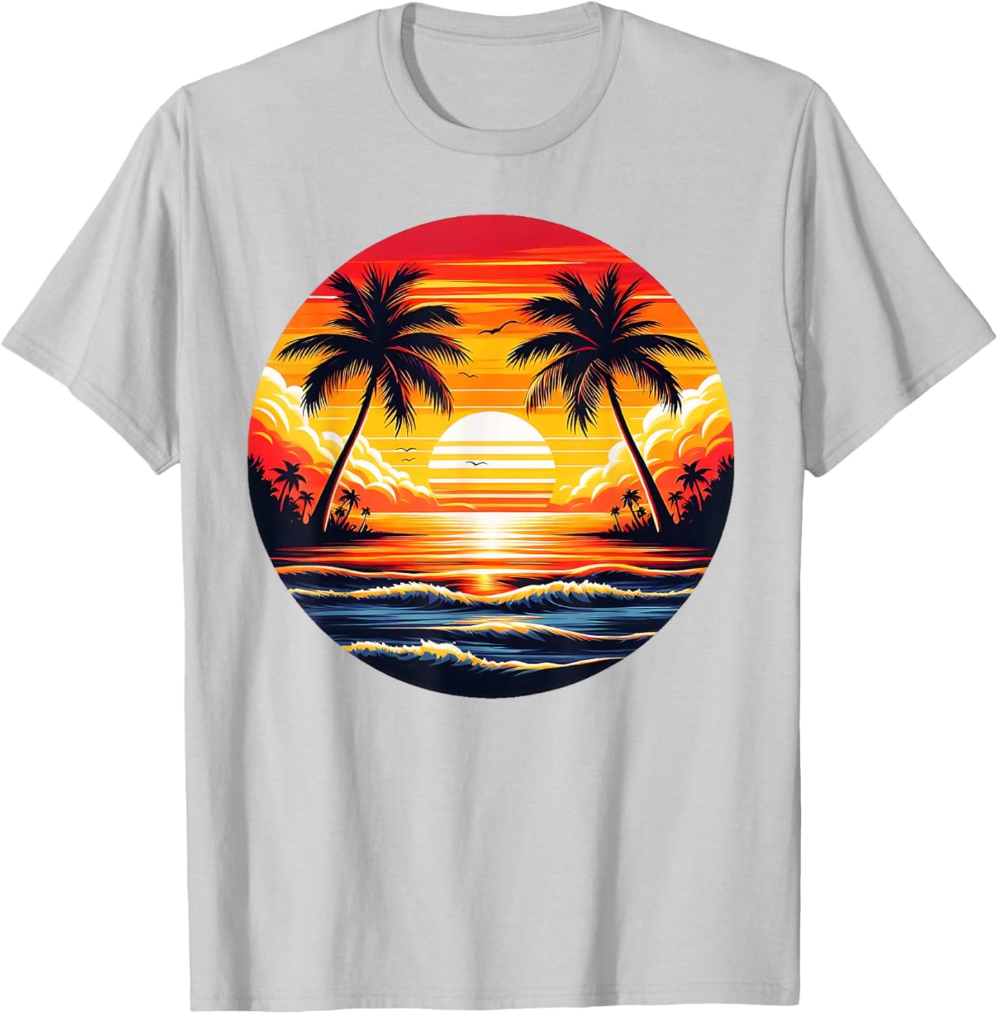 Vintage Beach Sunset Palm Tree 70s 80s Summer Vacation Retro T-Shirt - T-Shirt | Ash