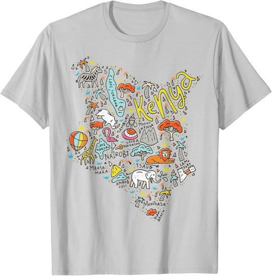 Travel Africa Kenya Map Nairobi Safari Masai Mara Vacation T-Shirt - T-Shirt | Ash