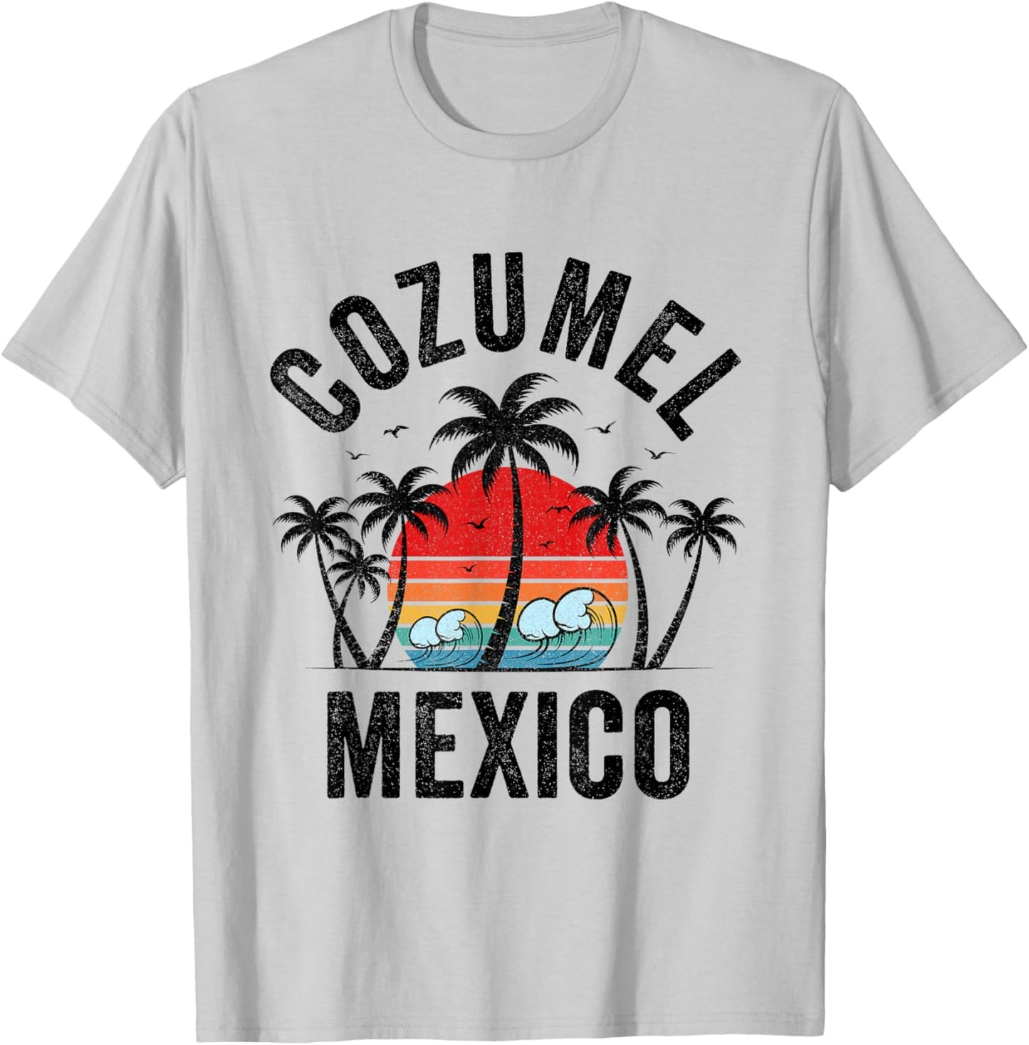 Cozumel Mexico Beach Palm Trees Sunset Surf Vintage Men Women Girls Kids T-Shirt - T-Shirt | Ash