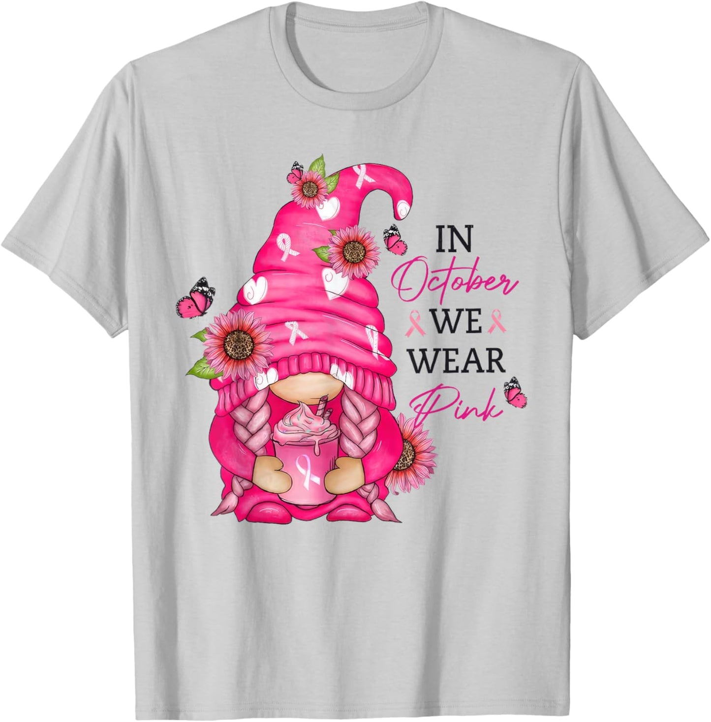 In October We Wear Pink Gnome Breast Cancer T-Shirt - T-Shirt | Ash