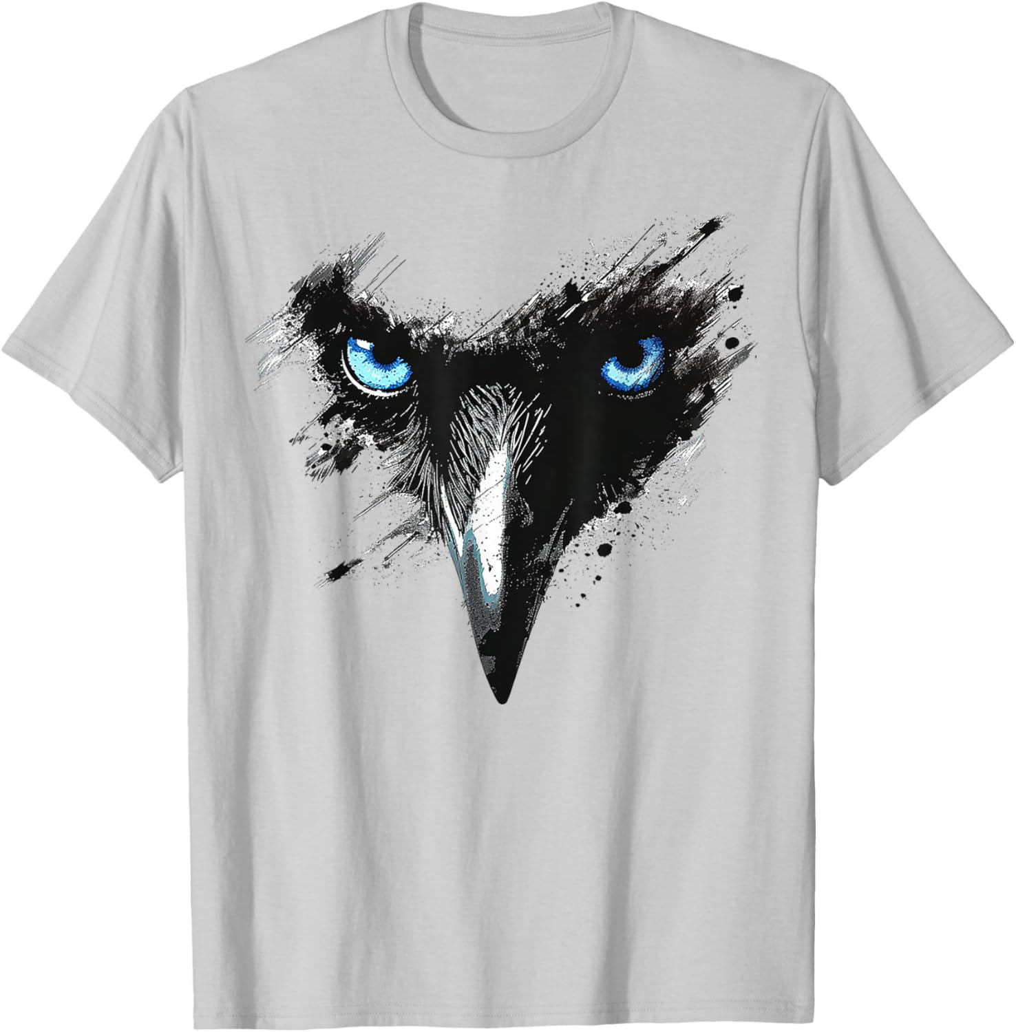 Raven Drawing Blue Eyes Painting Animal Art Motif Bird Crow T-Shirt - T-Shirt | Ash