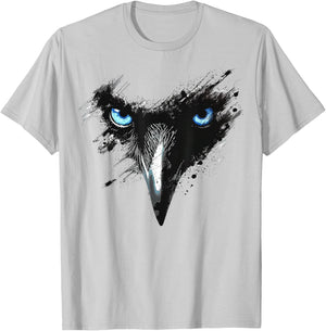 Raven Drawing Blue Eyes Painting Animal Art Motif Bird Crow T-Shirt - T-Shirt | Ash