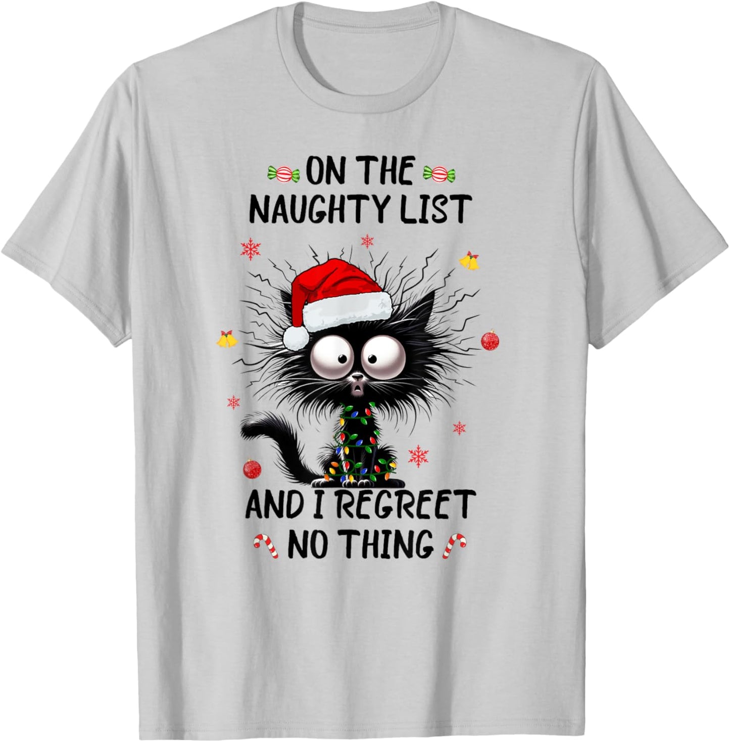 Christmas in July Funny Black Cat Santa on the Naughty Kids T-Shirt - T-Shirt | Ash