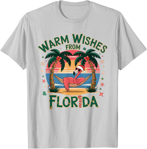 Tropical Flamingo Xmas Warm Wishes From Florida Christmas T-Shirt - T-Shirt | Ash