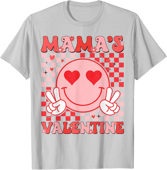 Retro Groovy Mama is My Valentine Smile Face Boys Girls Kids T-Shirt - T-Shirt | Ash