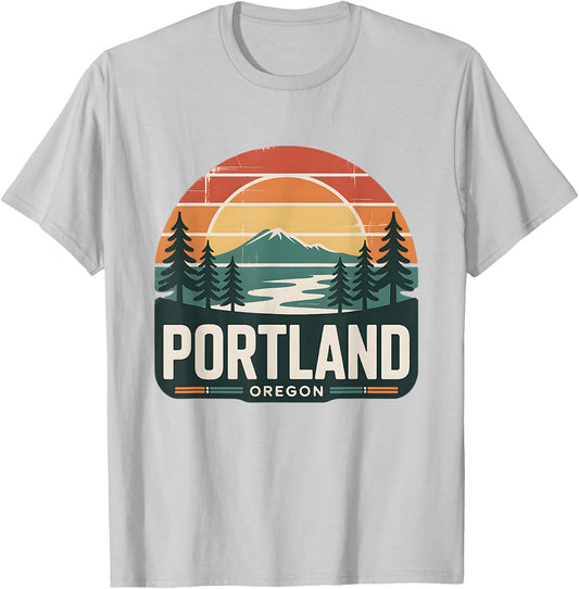 Portland Oregon Sunset Retro Mount Hood Forest Scenic T-Shirt - T-Shirt | Ash