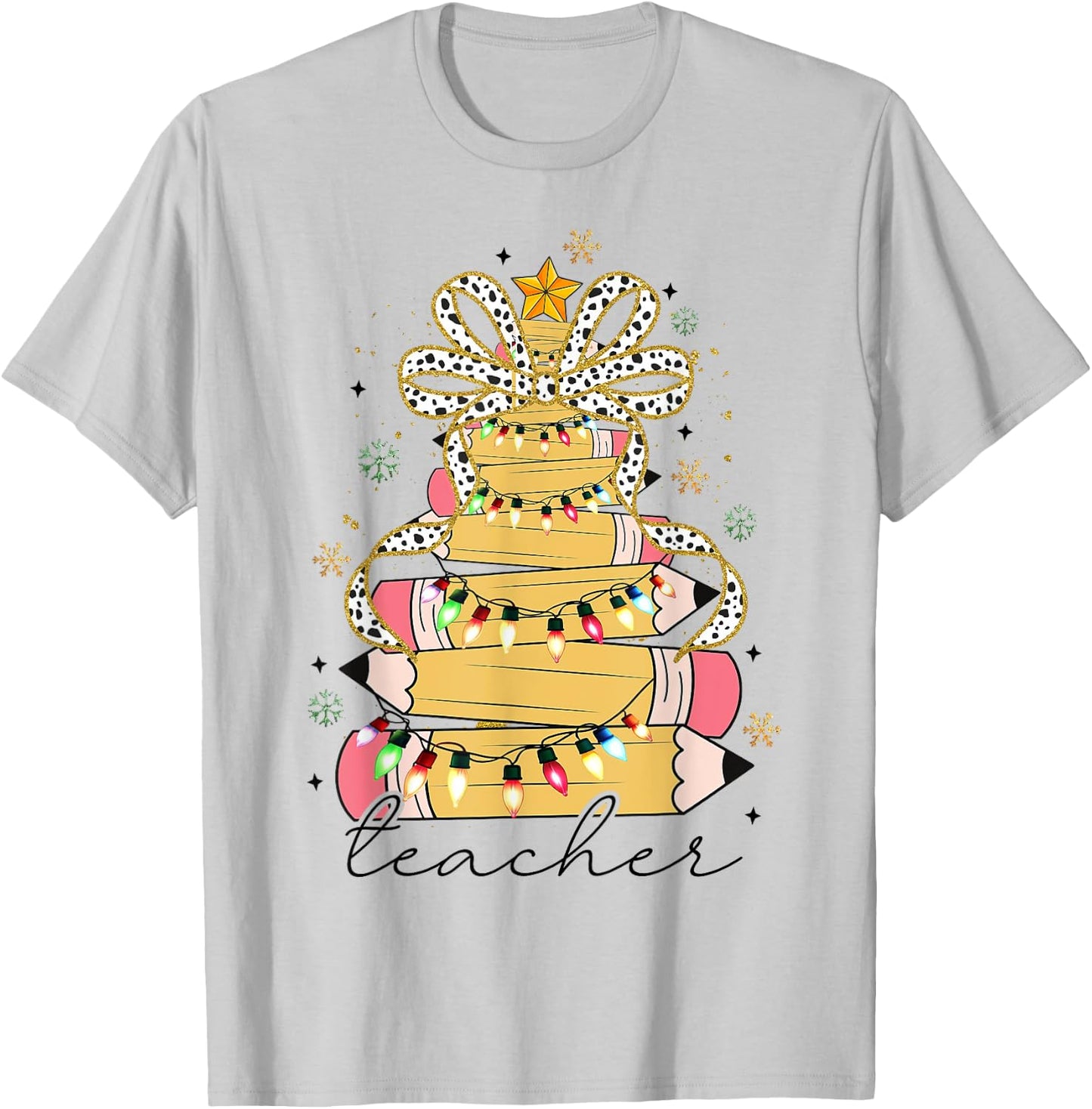 Teacher Crayon Christmas Tree Lights Student School Xmas T-Shirt - T-Shirt | Ash