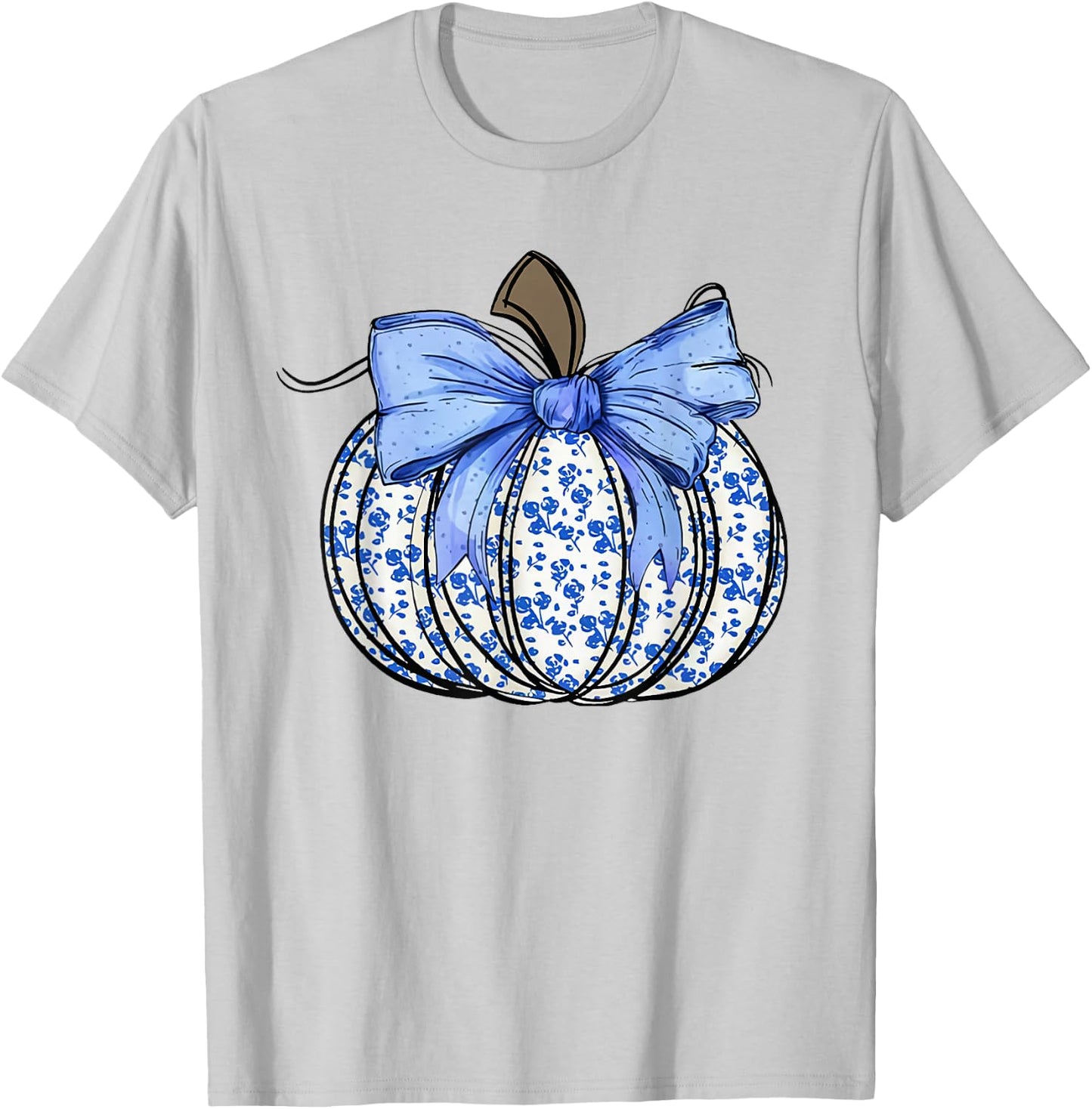 Retro Coquette Bow Blue Floral Pumpkin Halloween Autumn Fall T-Shirt - T-Shirt | Ash