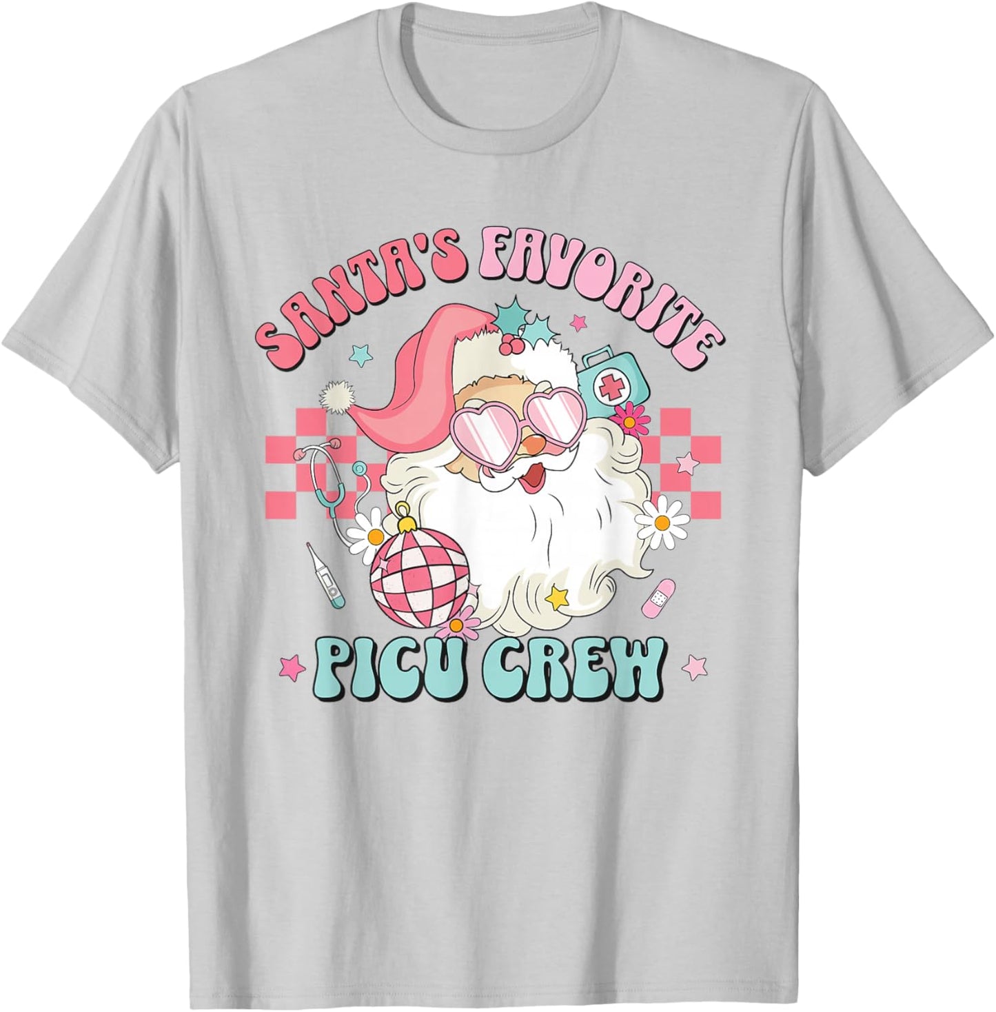 Retro Pink Christmas Santa's Favorite PICU Nurse Pediatric T-Shirt - T-Shirt | Ash