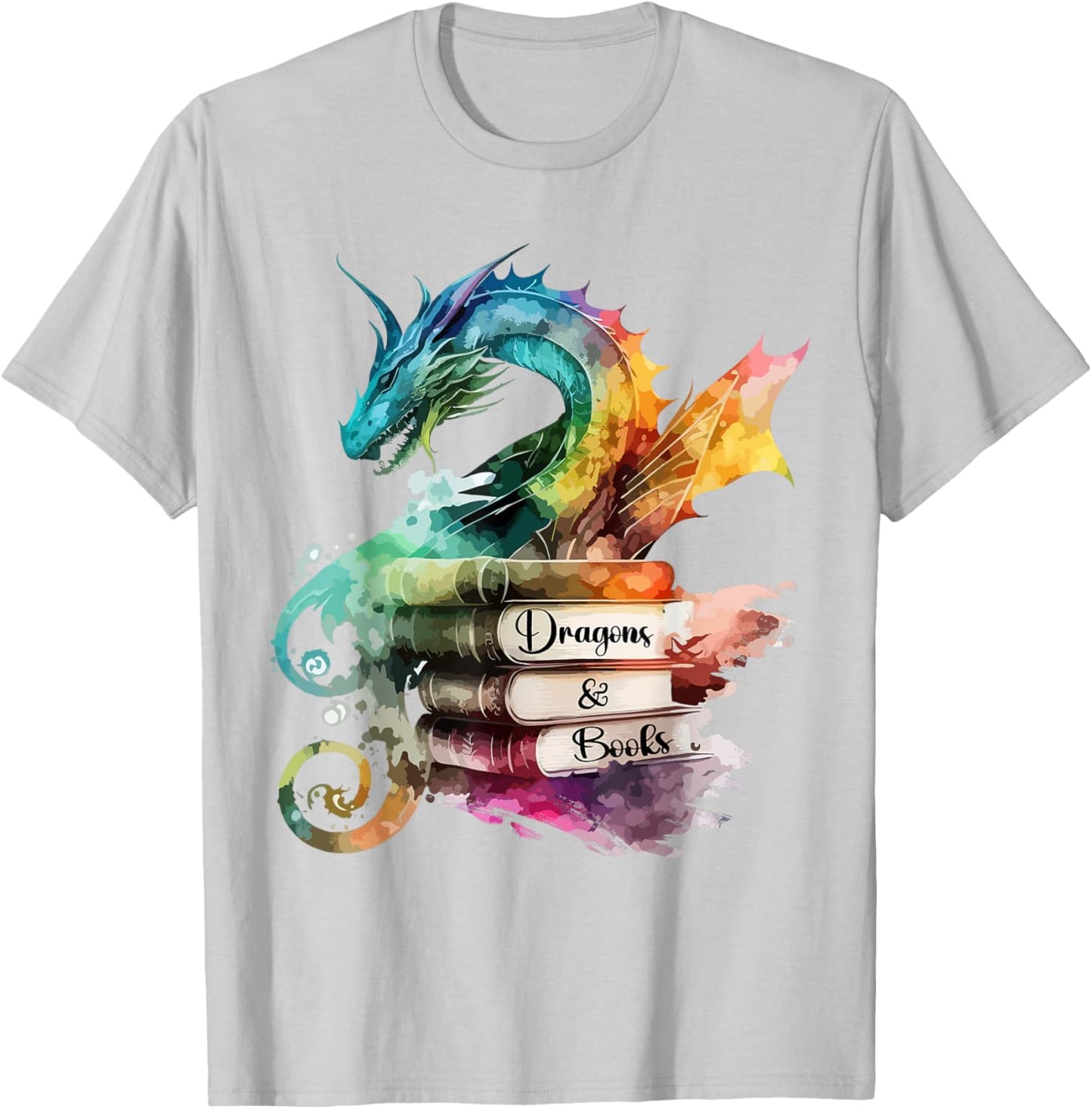Dragons and Books Watercolor Fantasy Dragon Lover Theme T-Shirt - T-Shirt | Ash