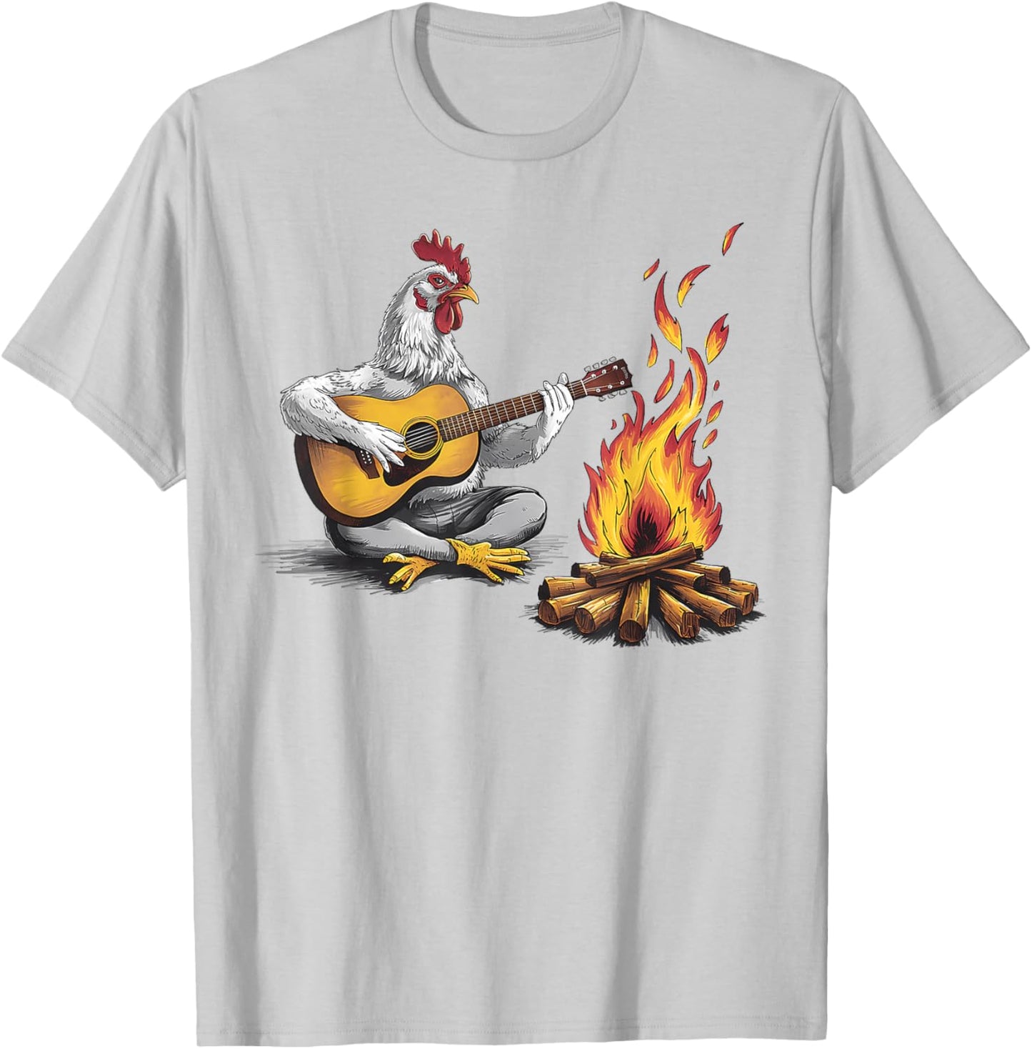 Funny graphic design Chicken Playing Guitar with Campfire T-Shirt - T-Shirt | Ash