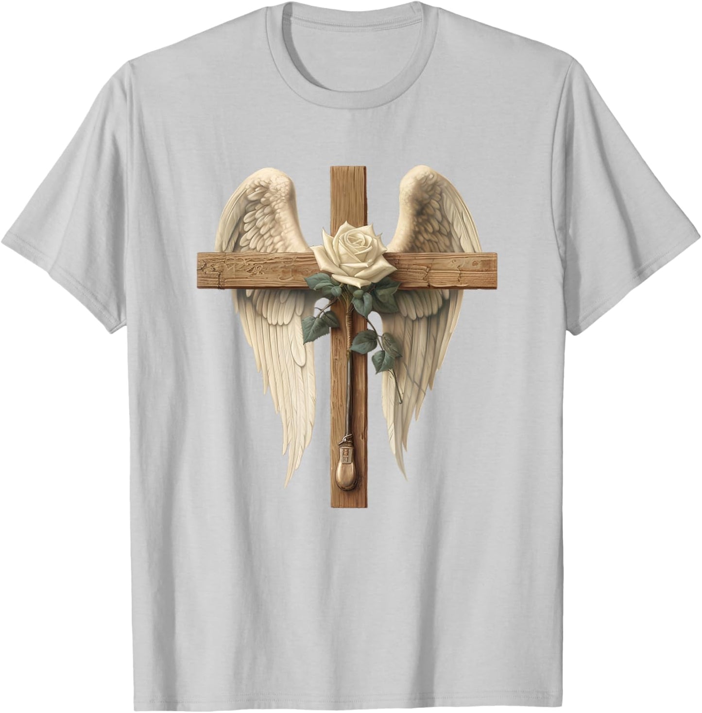 White Rose Flower Christian Cross With Angel Wings T-Shirt - T-Shirt | Ash