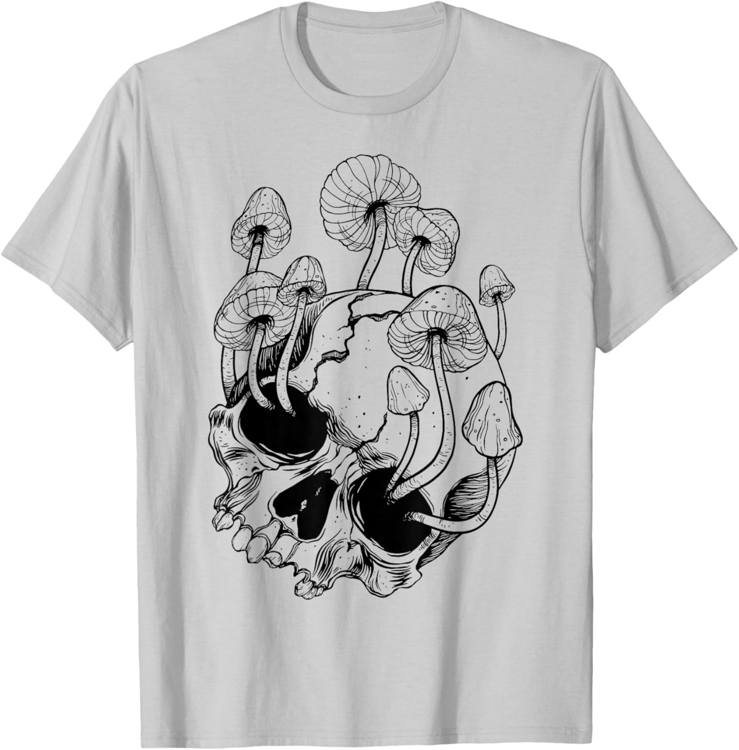 Overgrown Skull Mushrooms Death Life T-Shirt - T-Shirt | Ash