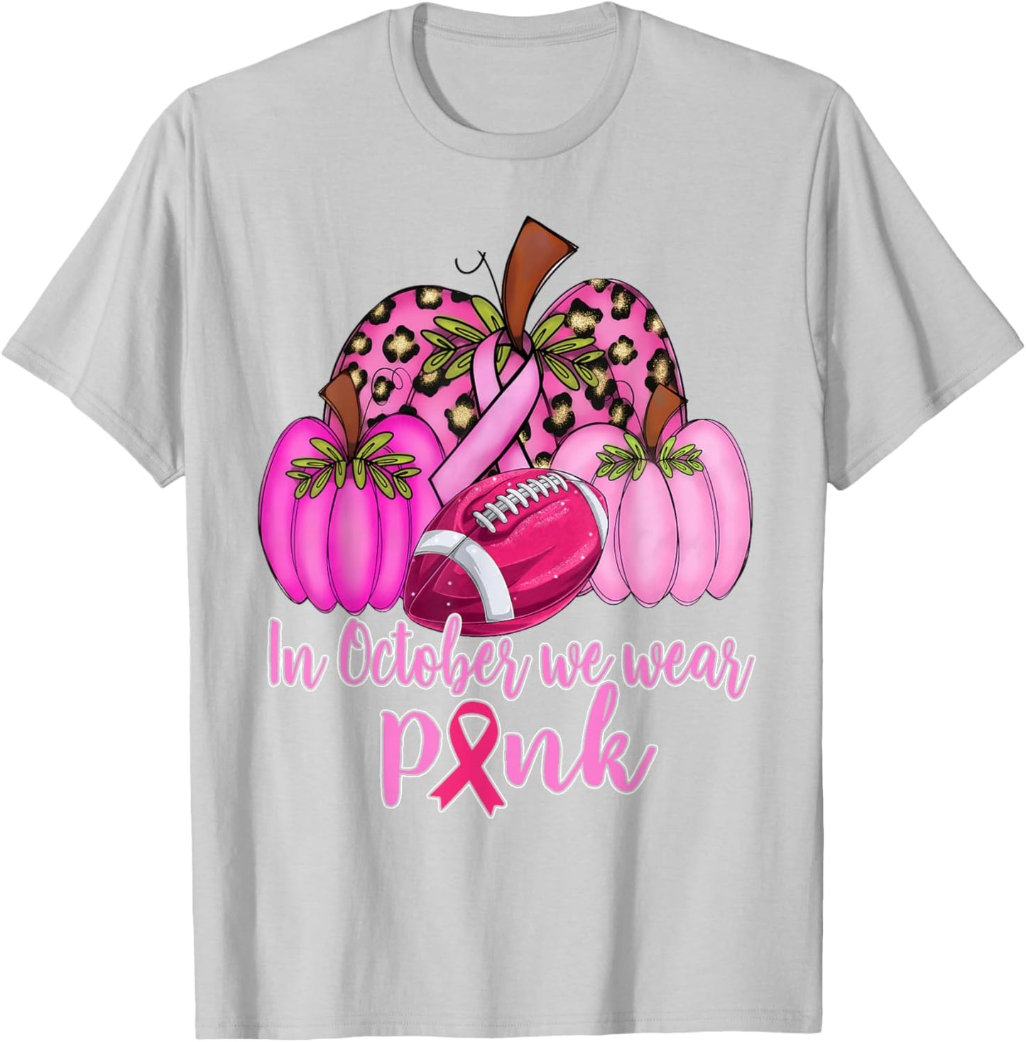 In October We Wear Pink Football Pumpkin Breast Cancer T-Shirt - T-Shirt | Ash