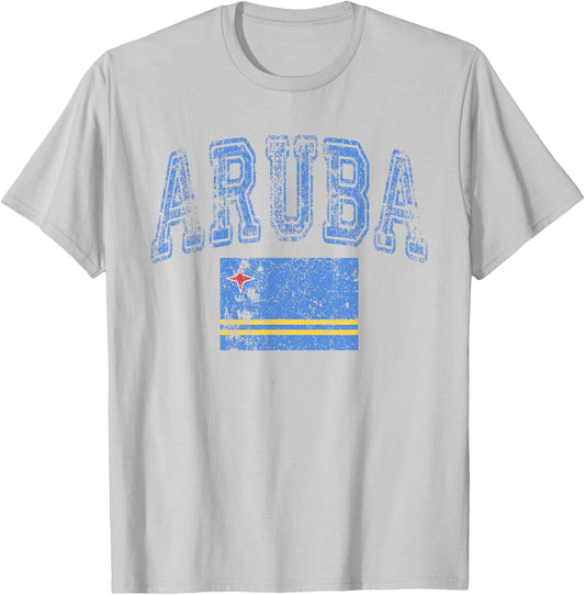 Threadrock Vintage Retro Faded Aruba Flag - White, Small, -Adults - Short Sleeve, , Polyester 100% T-Shirt - T-Shirt | Ash