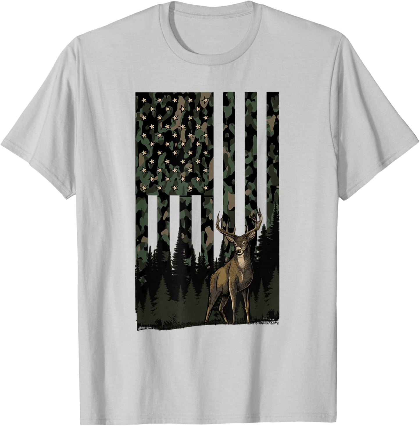 Camo Deer American Flag Patriotic Hunting Graphic USA Flag T-Shirt - T-Shirt | Ash