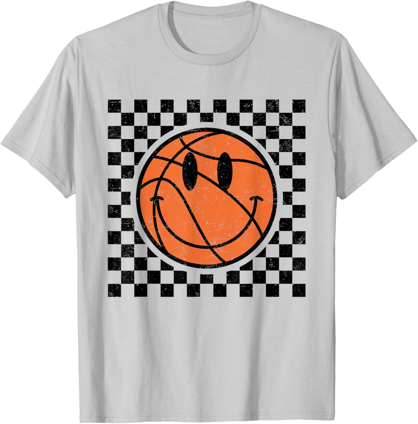 Game Day Basketball Smile Face Checkered Retro Vintage Style T-Shirt - T-Shirt | Ash