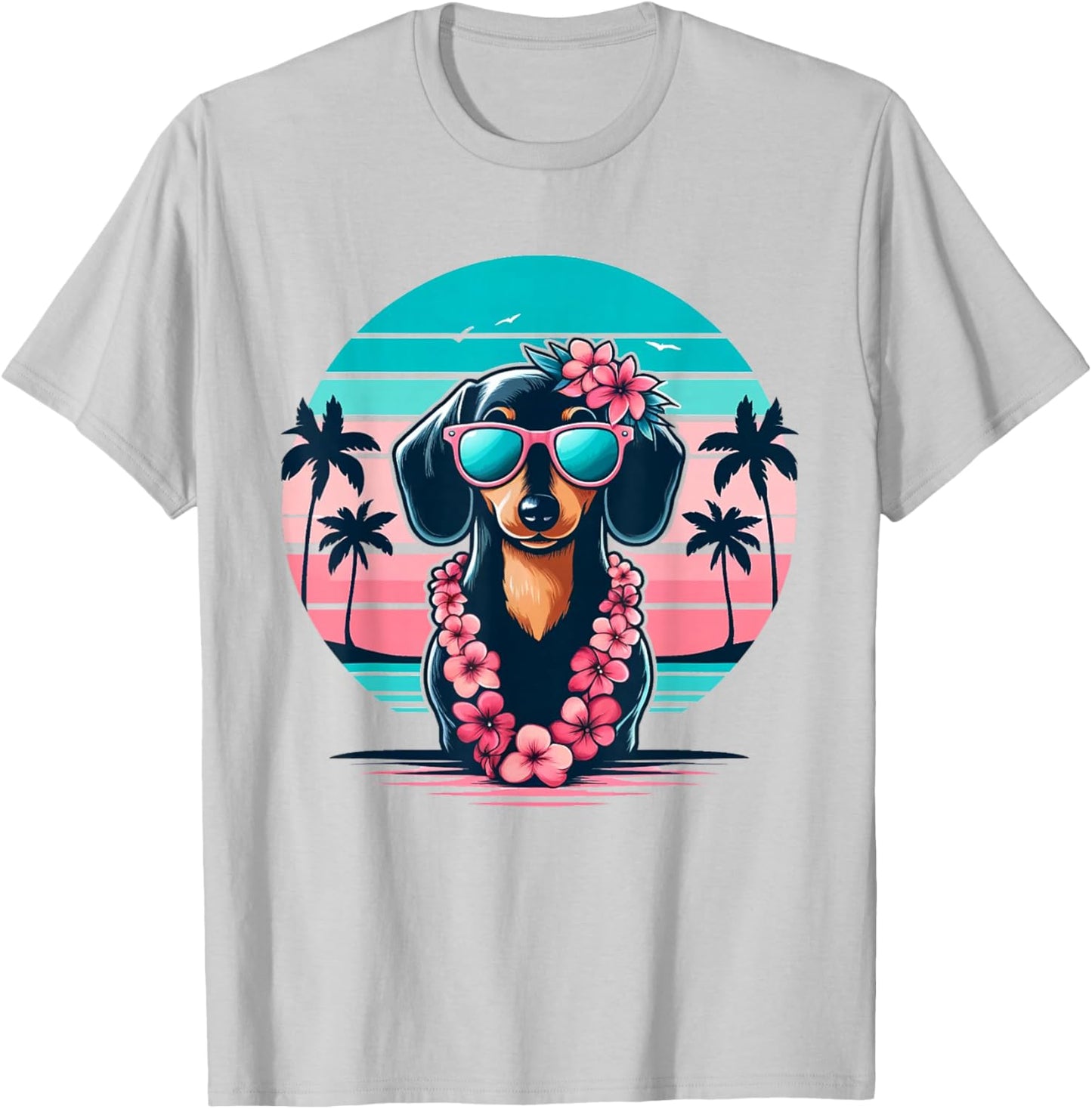 Retro Hawaiian Dachshund Dog Tropical Floral Summer Vibes T-Shirt - T-Shirt | Ash