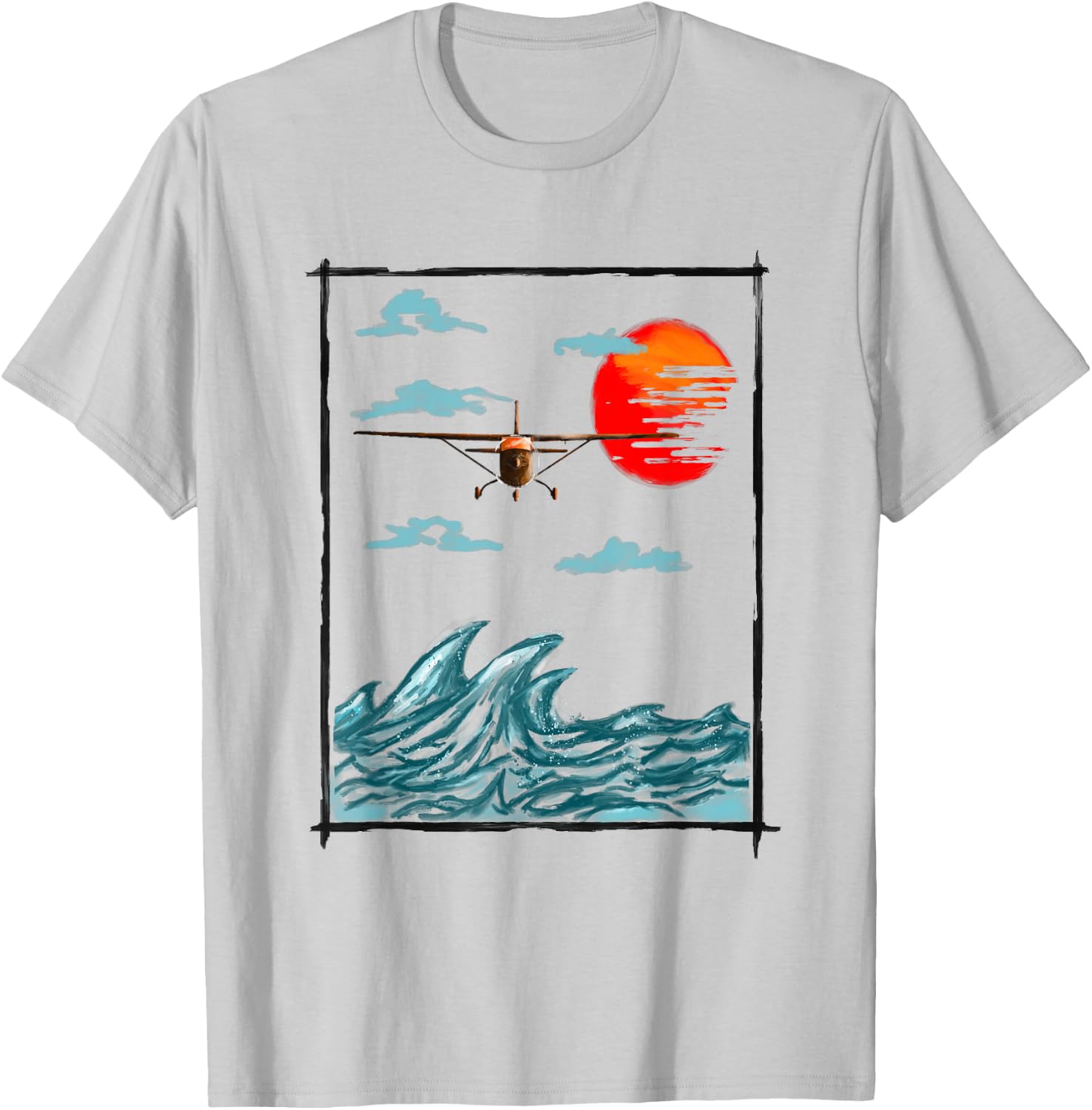 Airplane Lover Present Airplane Over Waves T-Shirt - T-Shirt | Ash