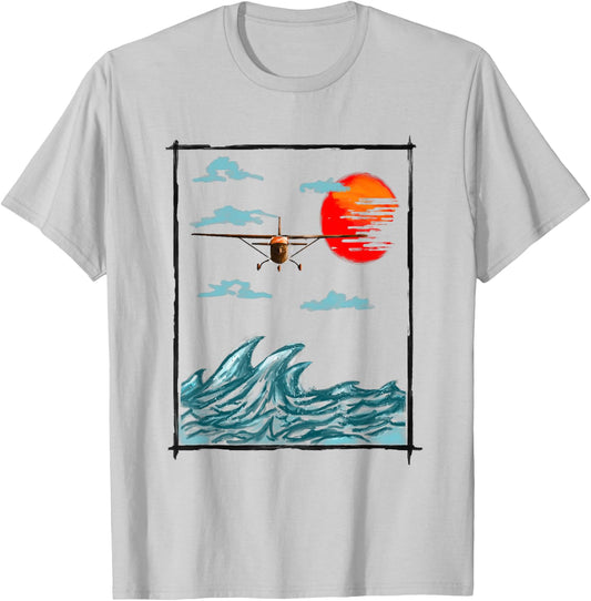 Airplane Lover Present Airplane Over Waves T-Shirt - T-Shirt | Ash