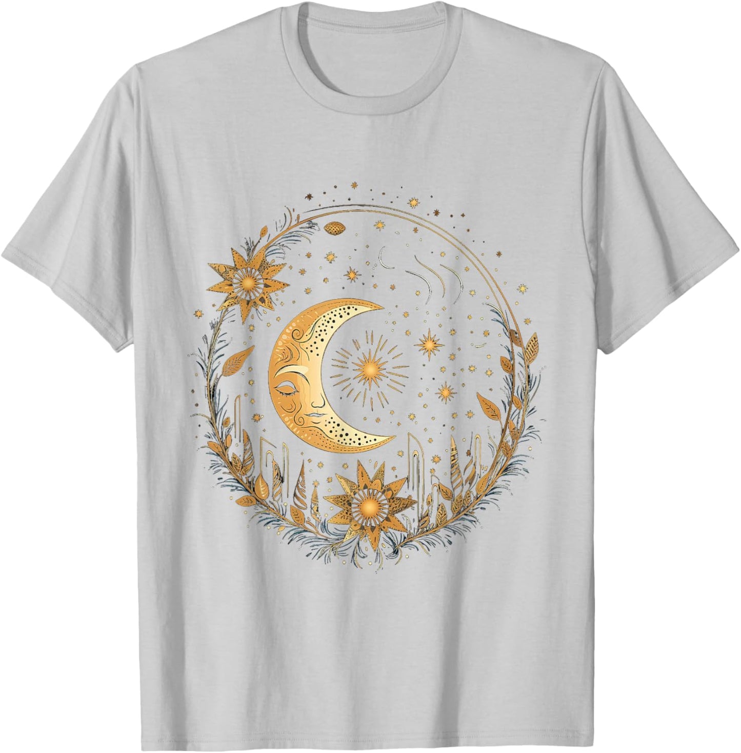 Mystical Sun and Moon with Woman Mystical Flowers Aesthetic T-Shirt - T-Shirt | Ash