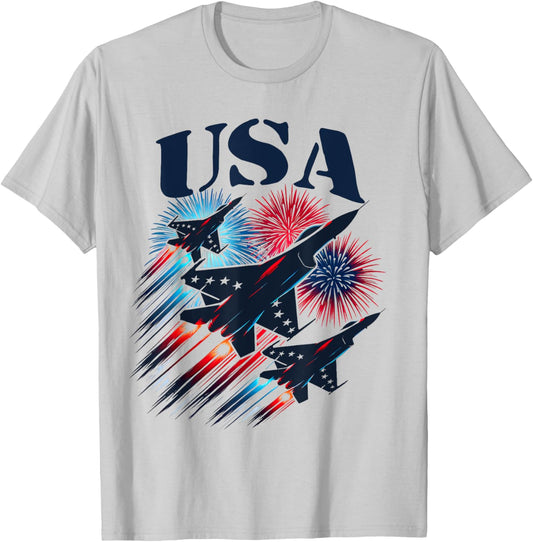 Patriotic 4th of July USA Flag Fighter Jets Planes Fireworks T-Shirt - T-Shirt | Ash