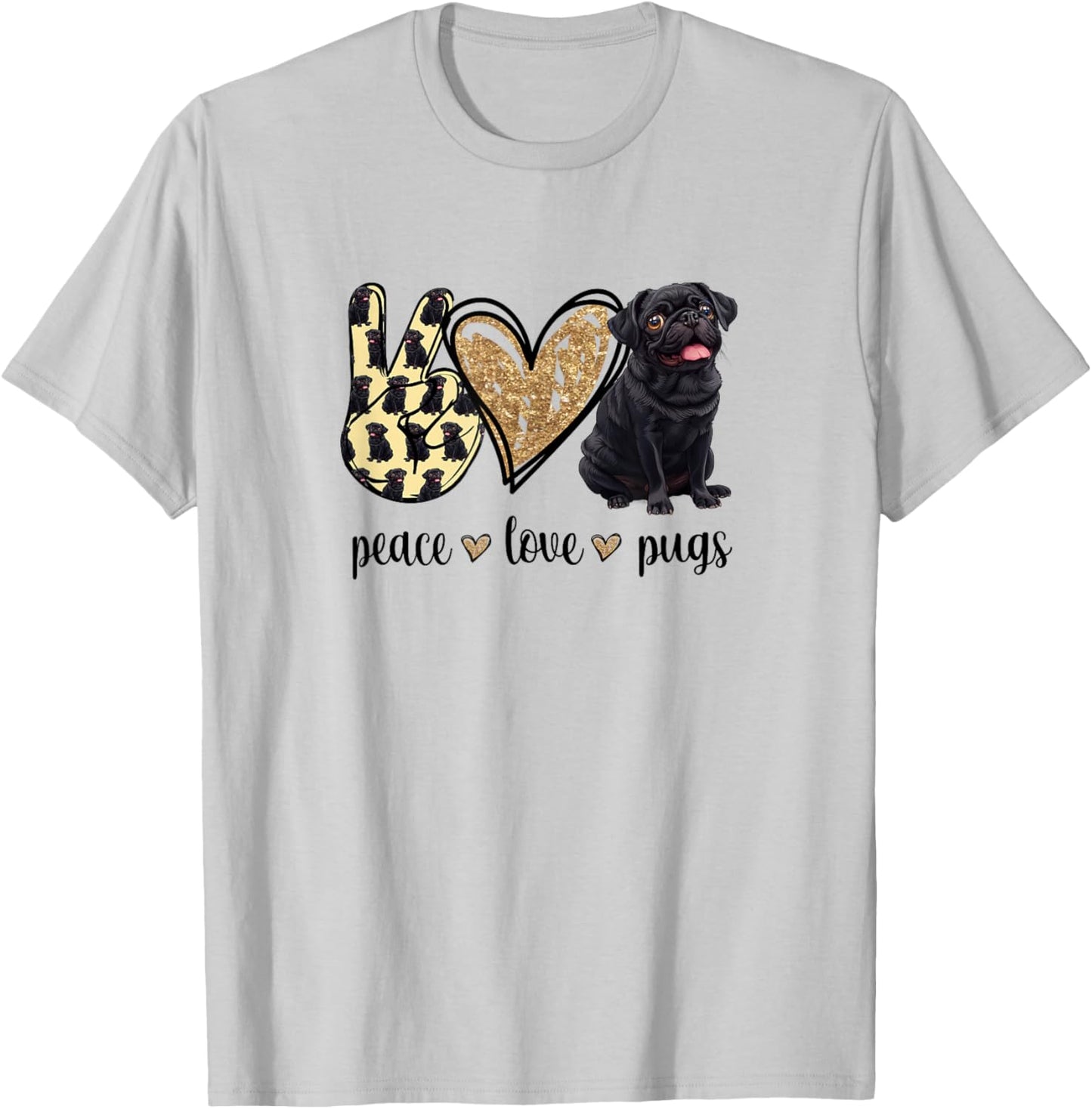 Funny Peace Love Black Pug Lover T-Shirt - T-Shirt | Ash