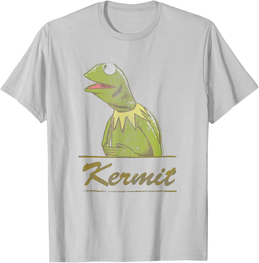 Disney The Muppets Kermit Vintage Portrait Distressed Logo T-Shirt - T-Shirt | Ash