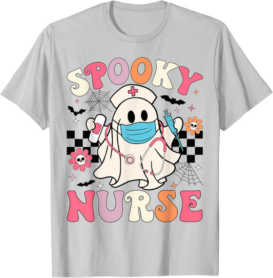 Spooky Nurse Halloween Ghost Cute Nursing Halloween Nurse T-Shirt - T-Shirt | Ash