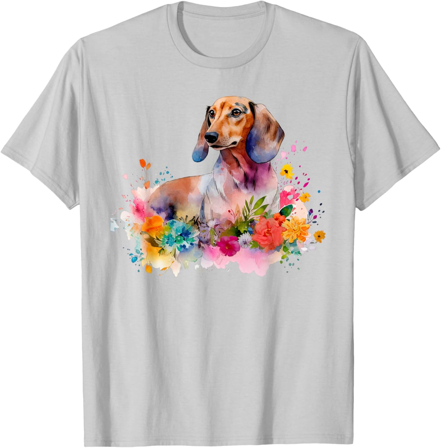 Dachshund Watercolor Art Dog Dog Breed Woman Kids Floral T-Shirt - T-Shirt | Ash