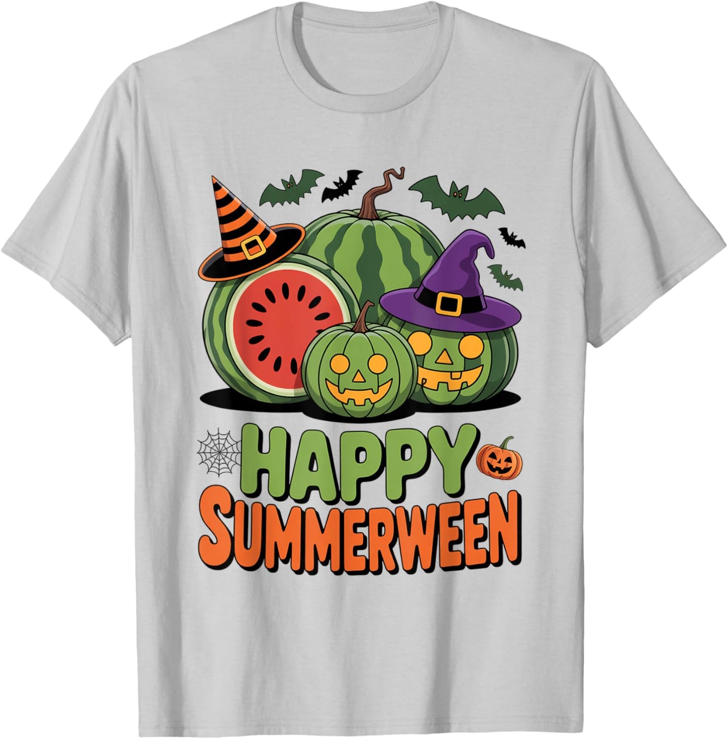 Halloween Jack O Lantern Summer Happy Summerween Watermelon T-Shirt - T-Shirt | Ash