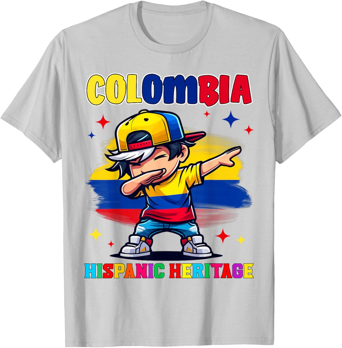 Colombia Dabbing Kid Hispanic Heritage Celebration for Kids T-Shirt - T-Shirt | Ash