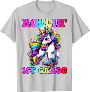 1st Grade Back To School First Day Girls Rollin Unicorn T-Shirt - T-Shirt | Ash