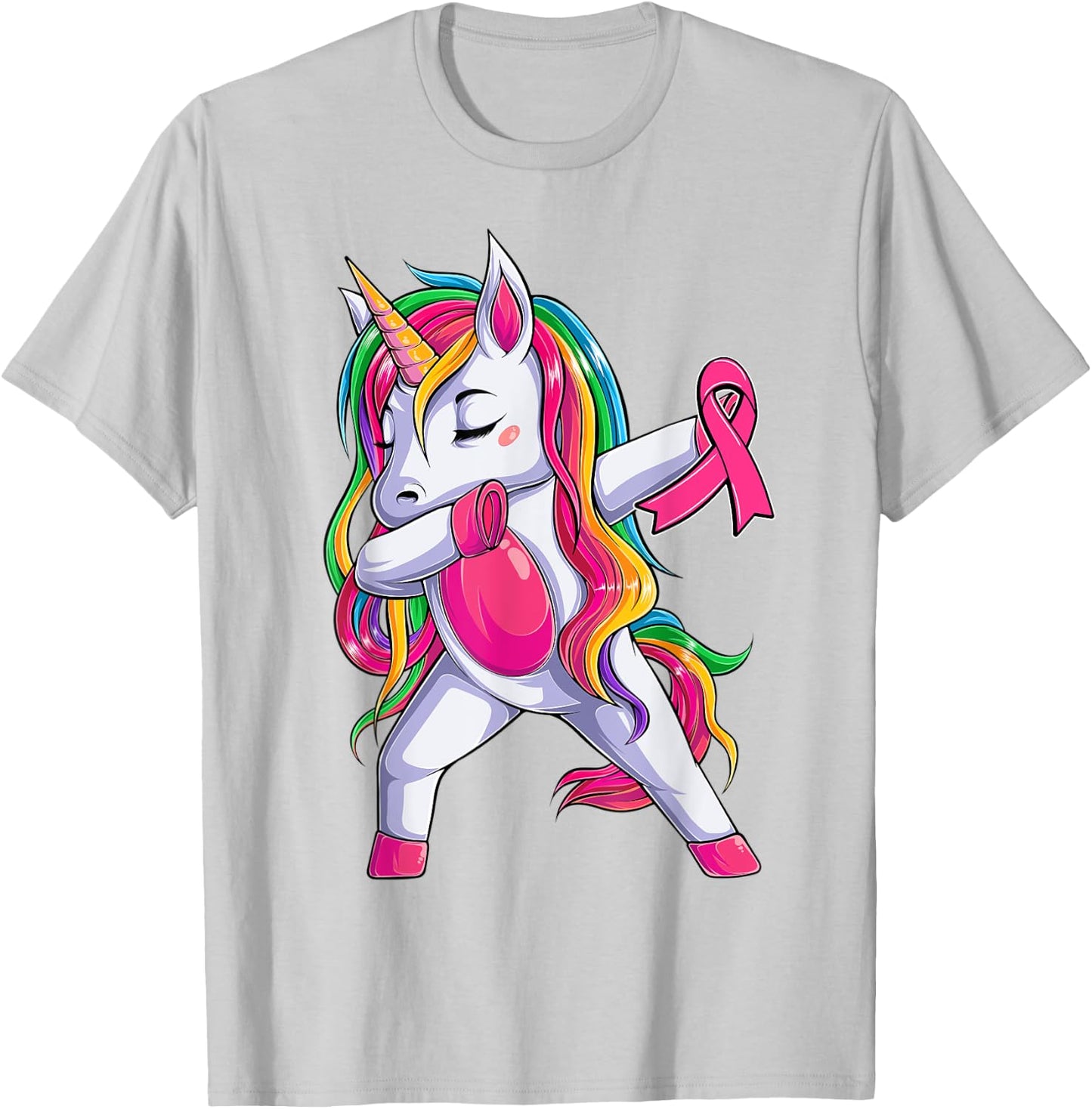 Dabbing Unicorn Pink Ribbon Breast Cancer Awareness Support T-Shirt - T-Shirt | Ash