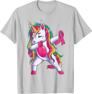 Dabbing Unicorn Pink Ribbon Breast Cancer Awareness Support T-Shirt - T-Shirt | Ash