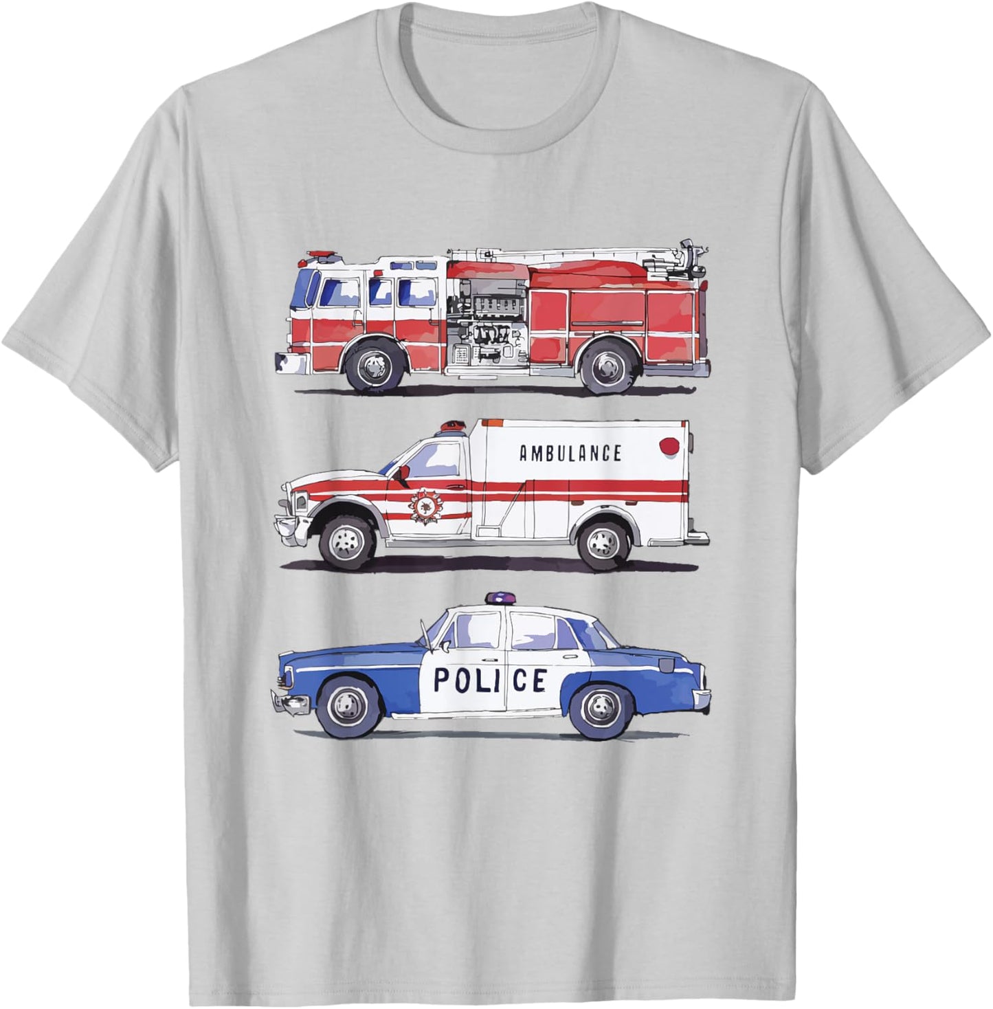 Emergency Rescue Vehicles Police Car Fire Truck Ambulance T-Shirt - T-Shirt | Ash