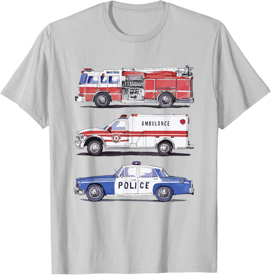 Emergency Rescue Vehicles Police Car Fire Truck Ambulance T-Shirt - T-Shirt | Ash