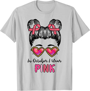 In October We Wear Pink Breast Cancer Awareness Women Girls T-Shirt - T-Shirt | Ash