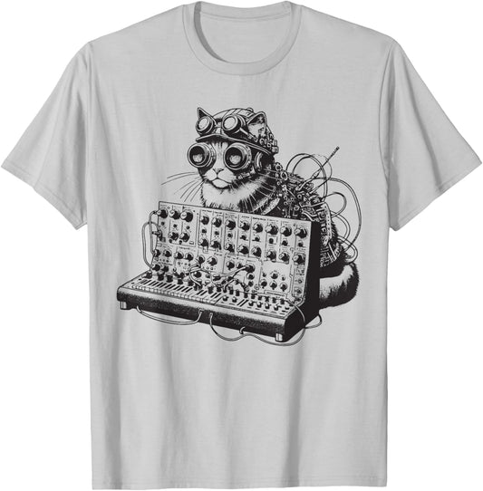 Steampunk Cat playing Synthesizer Synth Kitten Techno Music Men Women T-Shirt - T-Shirt | Ash